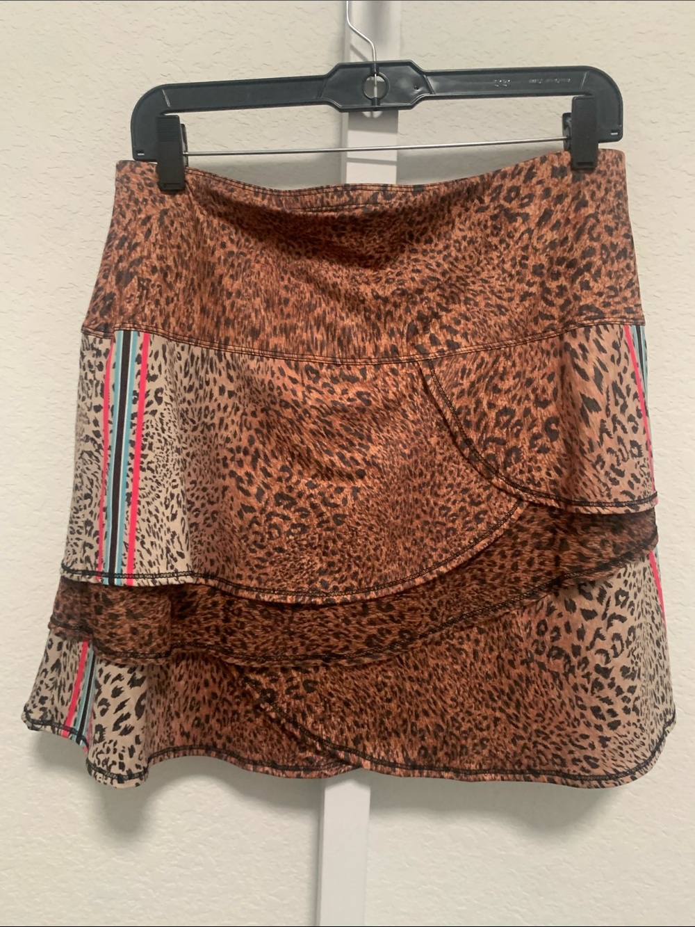 Lucky in Love Leopard Print Layered Mini Skirt with Pink and Teal Stripes - Picture 4 of 9